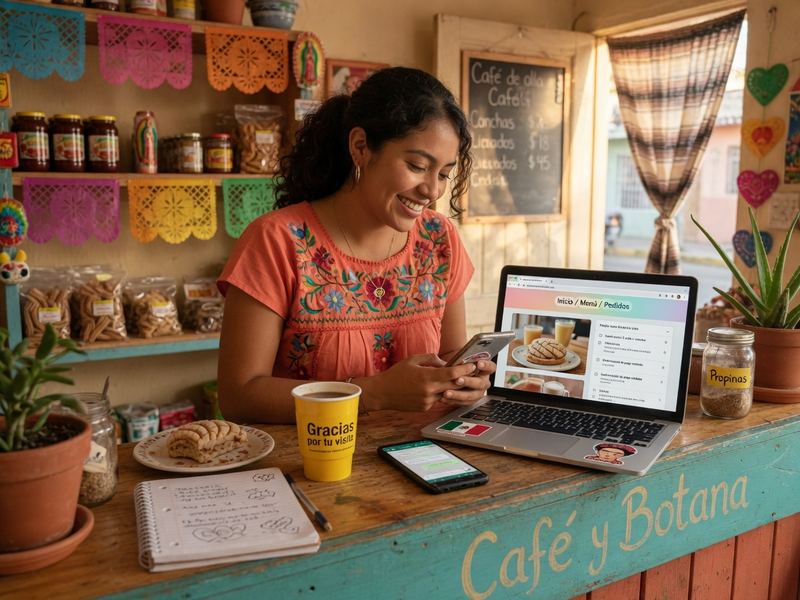 Dueña de un negocio local con su página y WhatsApp listos en el mostrador